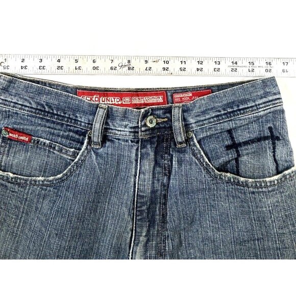 Vtg Ecko Unltd Jeans Sz. 32 Med. Blue Wash Denim Patch Y2K Baggy Fit  Red Hook - Picture 14 of 16